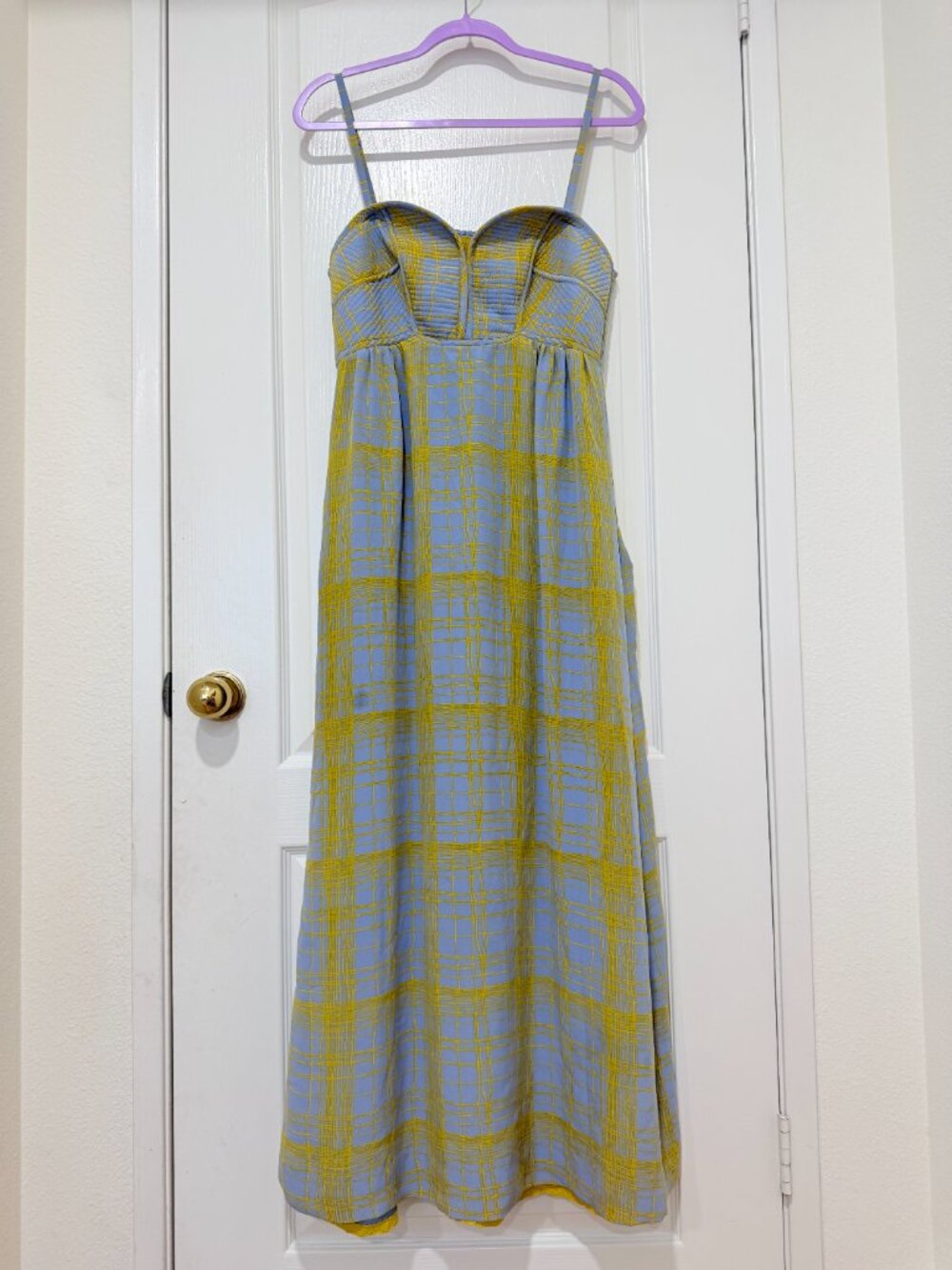 Anthropologie Maple Quilted Pastiche Maxi Dress Plaid Yellow Blue Size 6